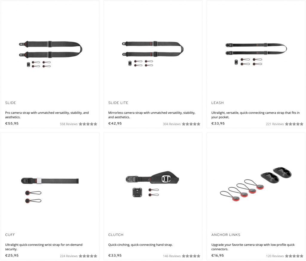 The selection of straps available on Peak Design's website