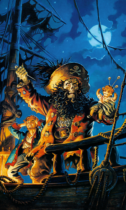 The poster art of the Monkey Island 2 videogame, showing the pirate LeChuck using a voodoo doll of Guybrush, the protagonist of the game