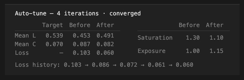 A screenshot of the debug panel of OpenDithering's auto-tune tool, showing various statistics around the process of running auto-tone on an image