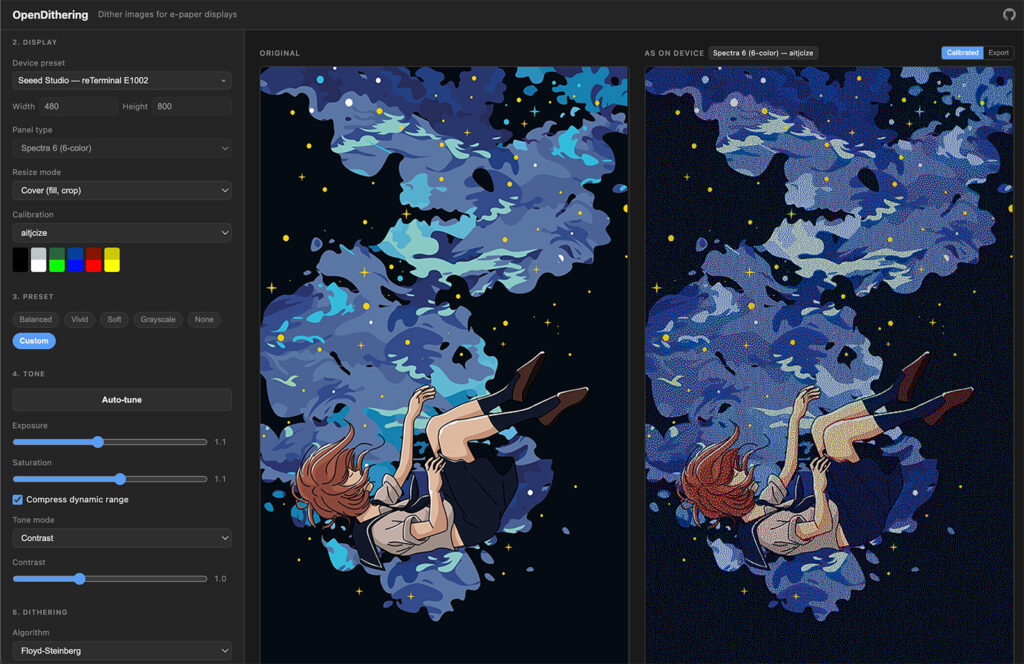 A screenshot of the OpenDithering app, showing a sidebar on the left with settings, a source image in the middle, and a dithered image on the right that is calibrated to the device