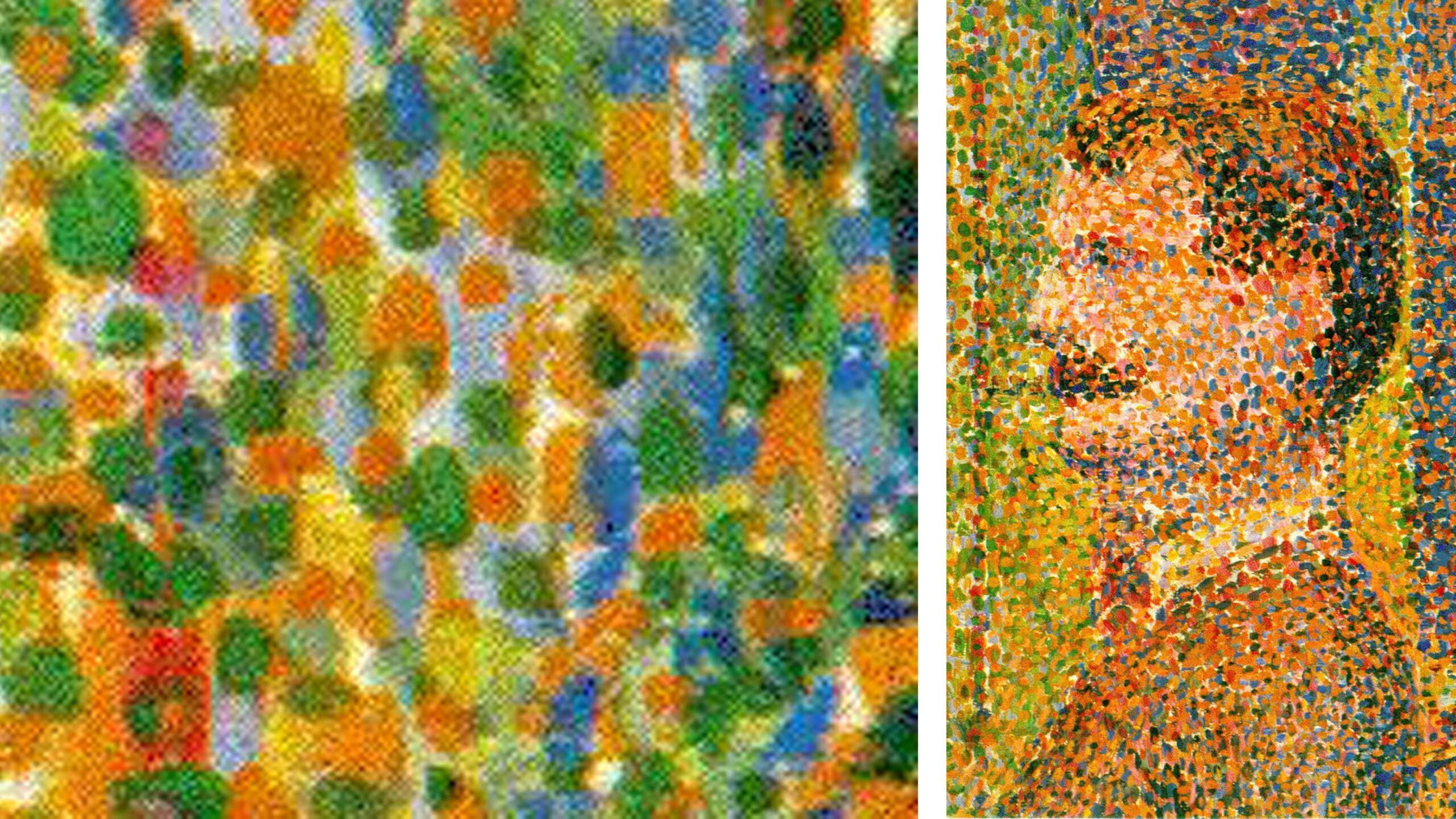 Two close-ups of Seurat's Parade de Cirque, demonstrating his pointillism technique